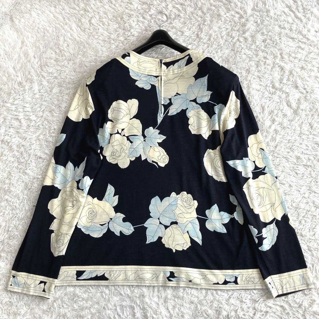 サイズ44✨シルク混 レオナール カットソー トリム 薔薇 花 濃紺 黄 2XL