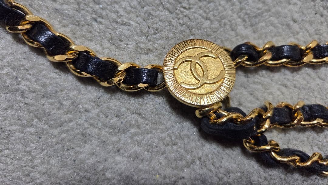 CHANEL シャネル ブラック ゴールド 3連 チェーンベルト レザーベルト