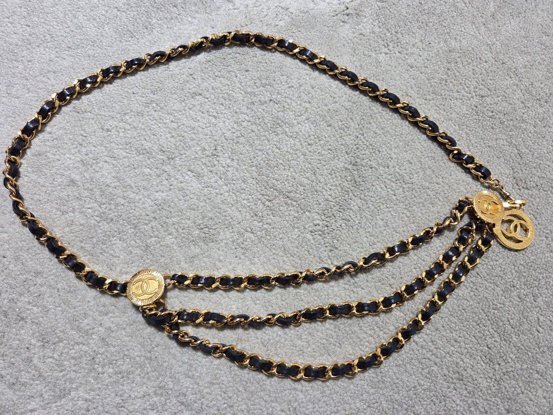 CHANEL シャネル ブラック ゴールド 3連 チェーンベルト レザーベルト