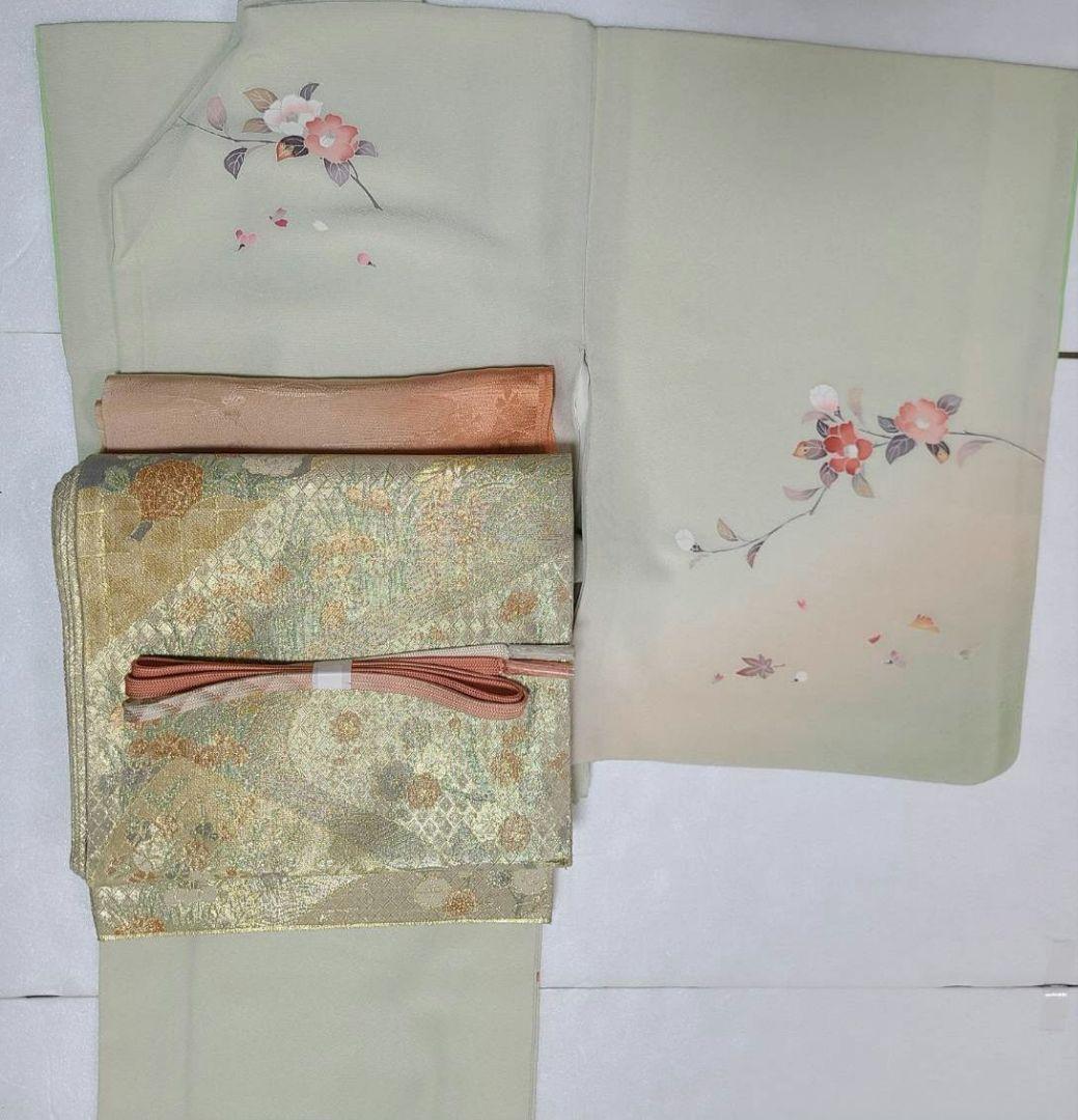 正絹　訪問着　薄緑色 結婚式　お宮参り　七五三　入学式　佐賀錦　4点セット