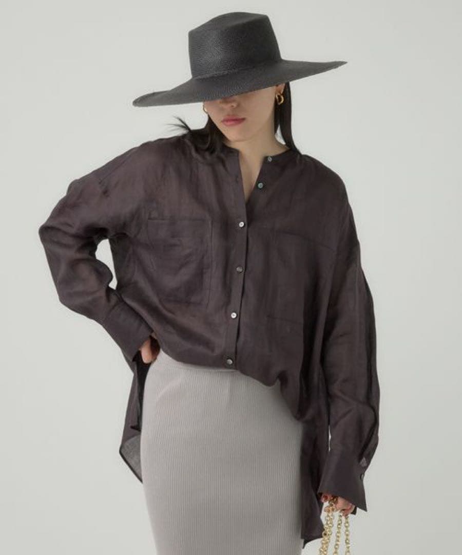 【美品】CHAOS リガーラミーバンドカラーシャツ リネン100% ブラウン