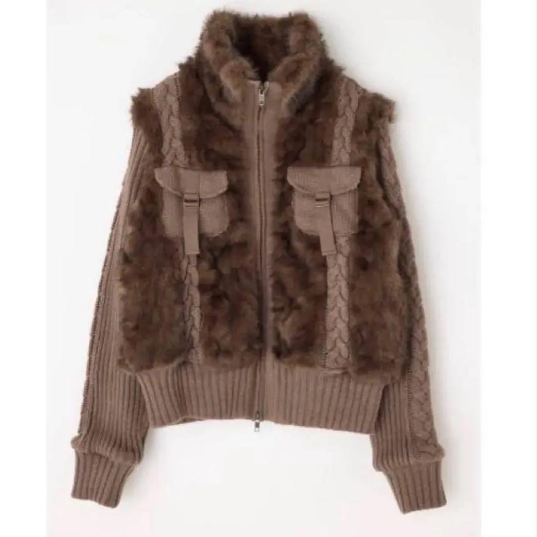 ブラウン ファー付き ニットジャケット