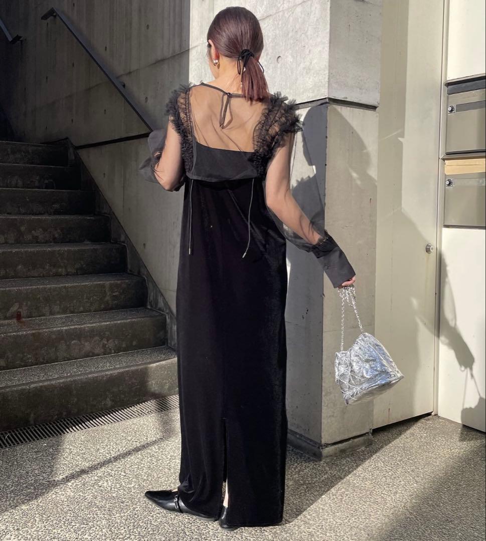 シースルーフリル袖 ブラックロングドレス