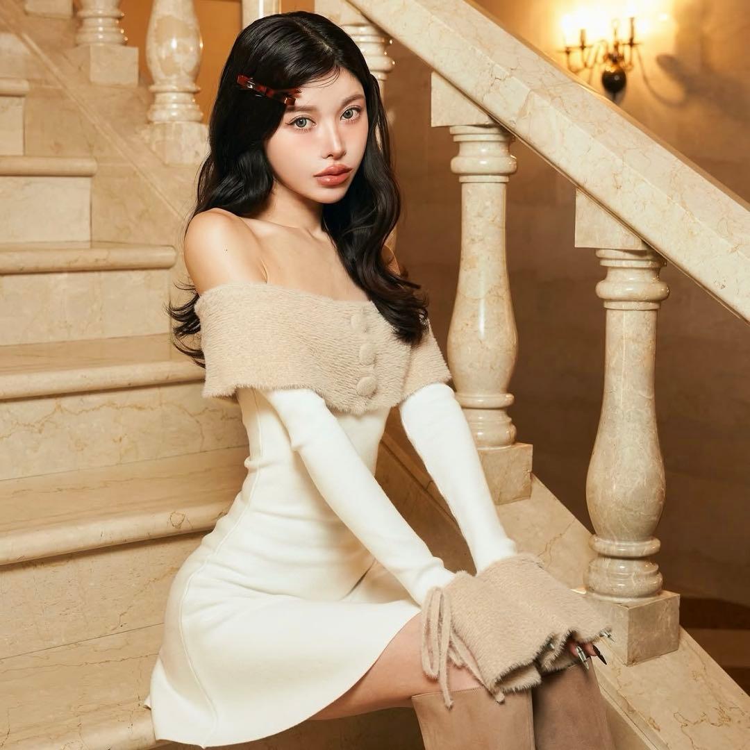 ダーリッチ　オフショルシャギーニットミニワンピース