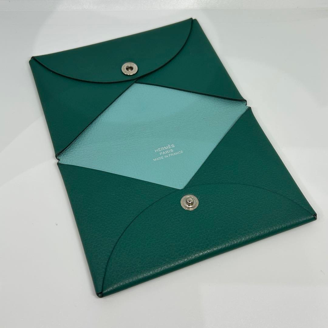 【美品】エルメス カルヴィ カードケース 名刺入れ 緑×水色