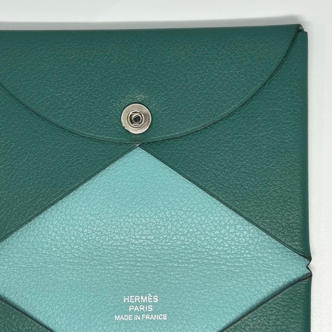 【美品】エルメス カルヴィ カードケース 名刺入れ 緑×水色