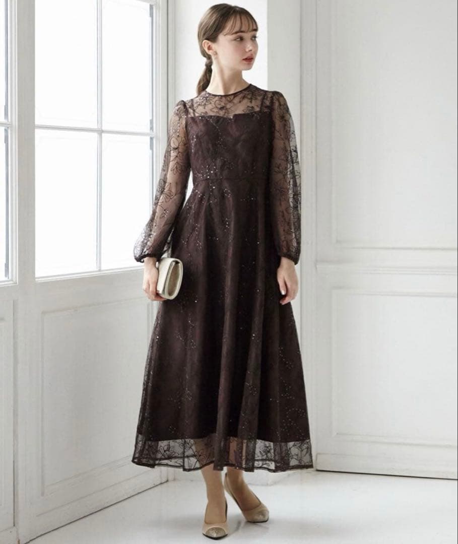 AIMER スパンコール刺繍 ロングスリーブドレス 結婚式　お呼ばれ　ドレス