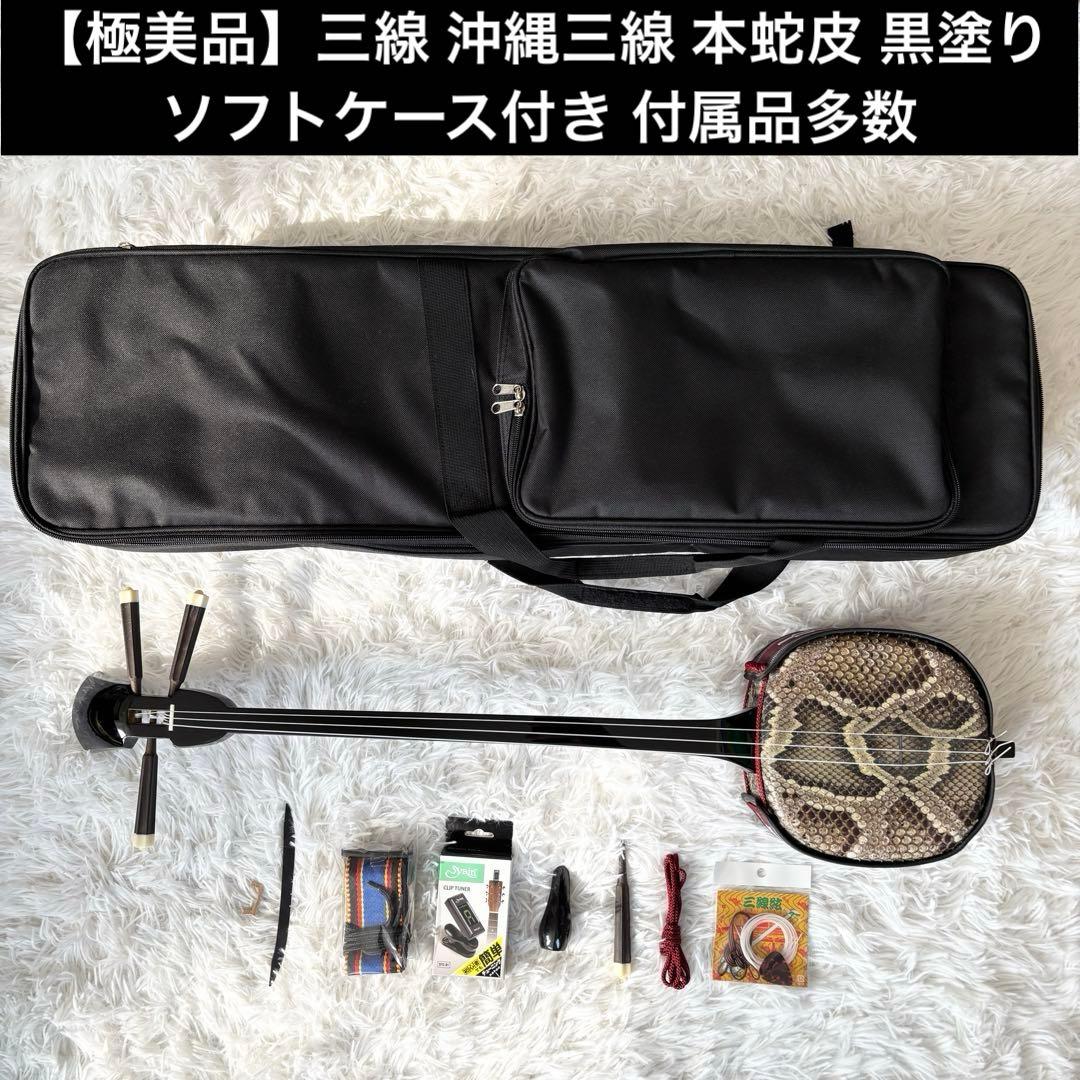 【極美品】三線 沖縄三線 本蛇皮 黒塗り 張り本皮 ソフトケース付き 付属品多数