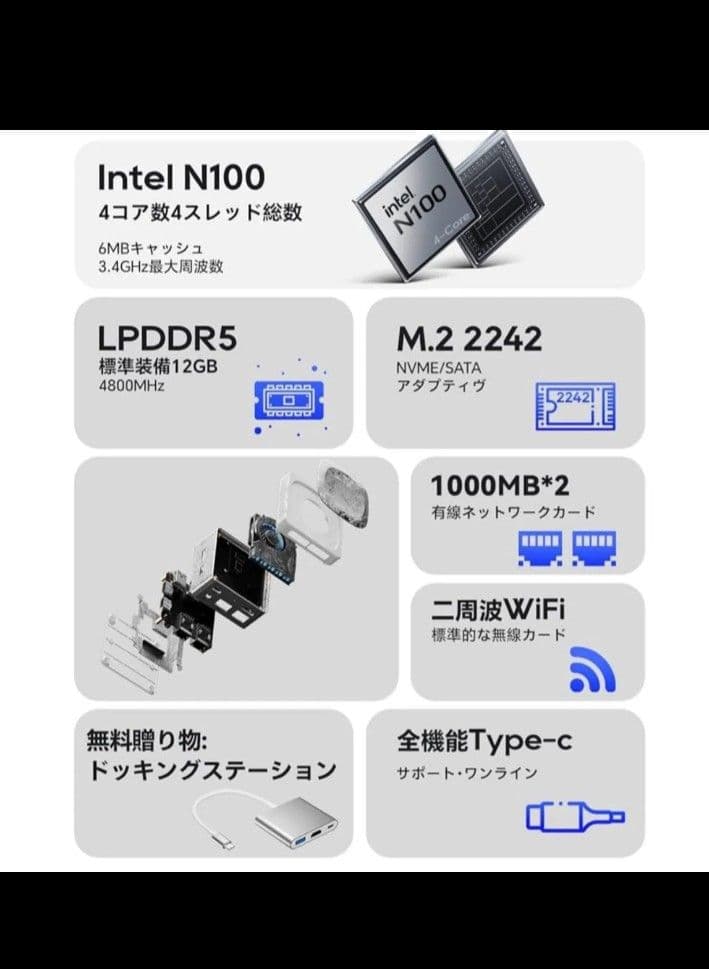 Intel N100 ミニPC 512GB 12GBメモリ