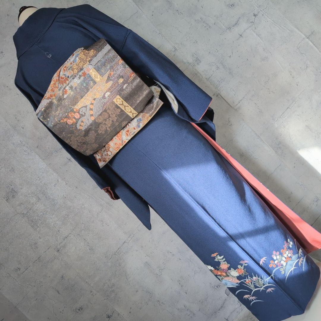 訪問着　フルセット　着物　正絹　青紺　縮緬　刺繍　比翼仕立て　祝い事　E2