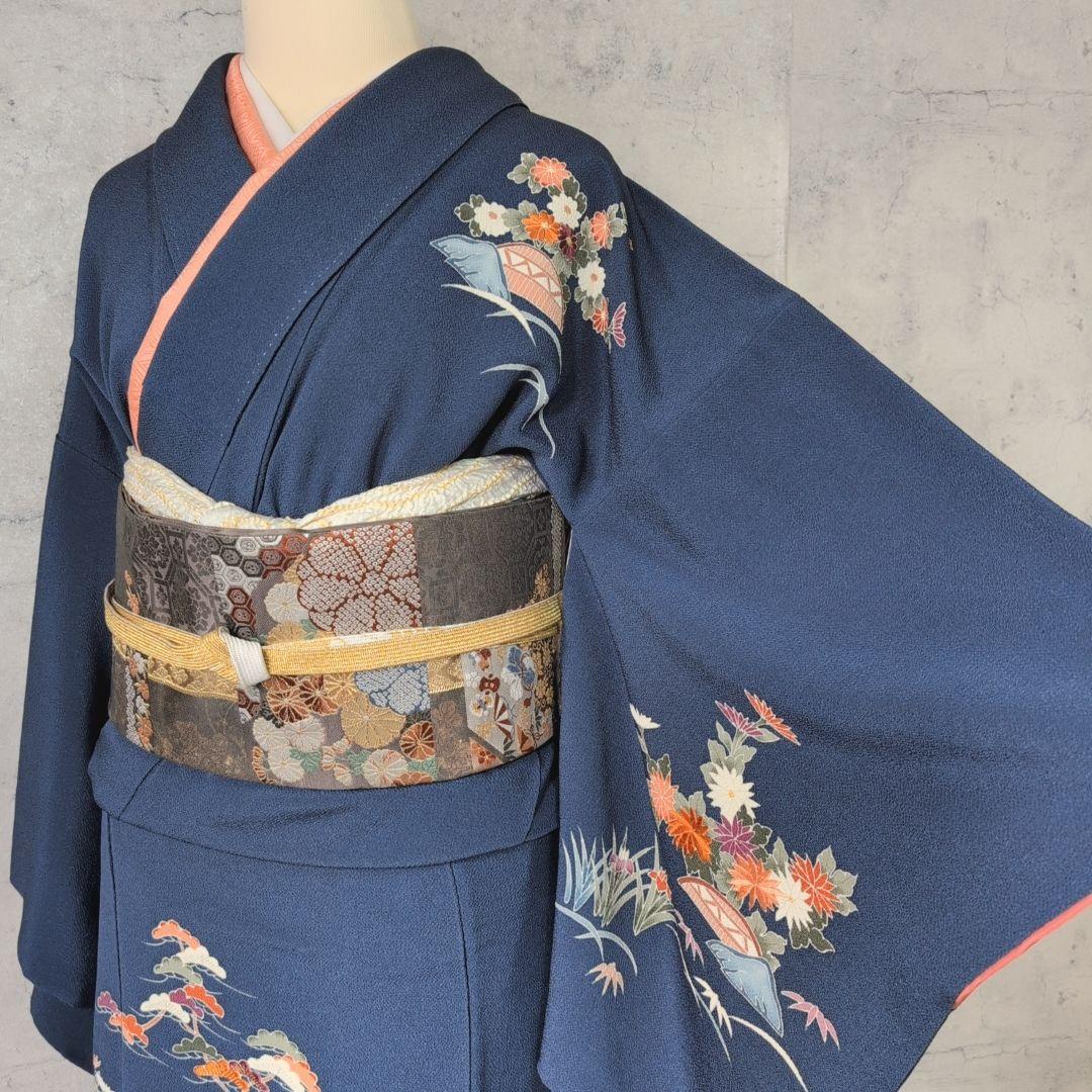 訪問着　フルセット　着物　正絹　青紺　縮緬　刺繍　比翼仕立て　祝い事　E2