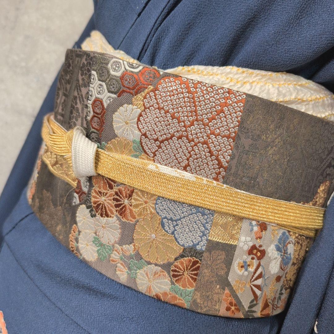 訪問着　フルセット　着物　正絹　青紺　縮緬　刺繍　比翼仕立て　祝い事　E2