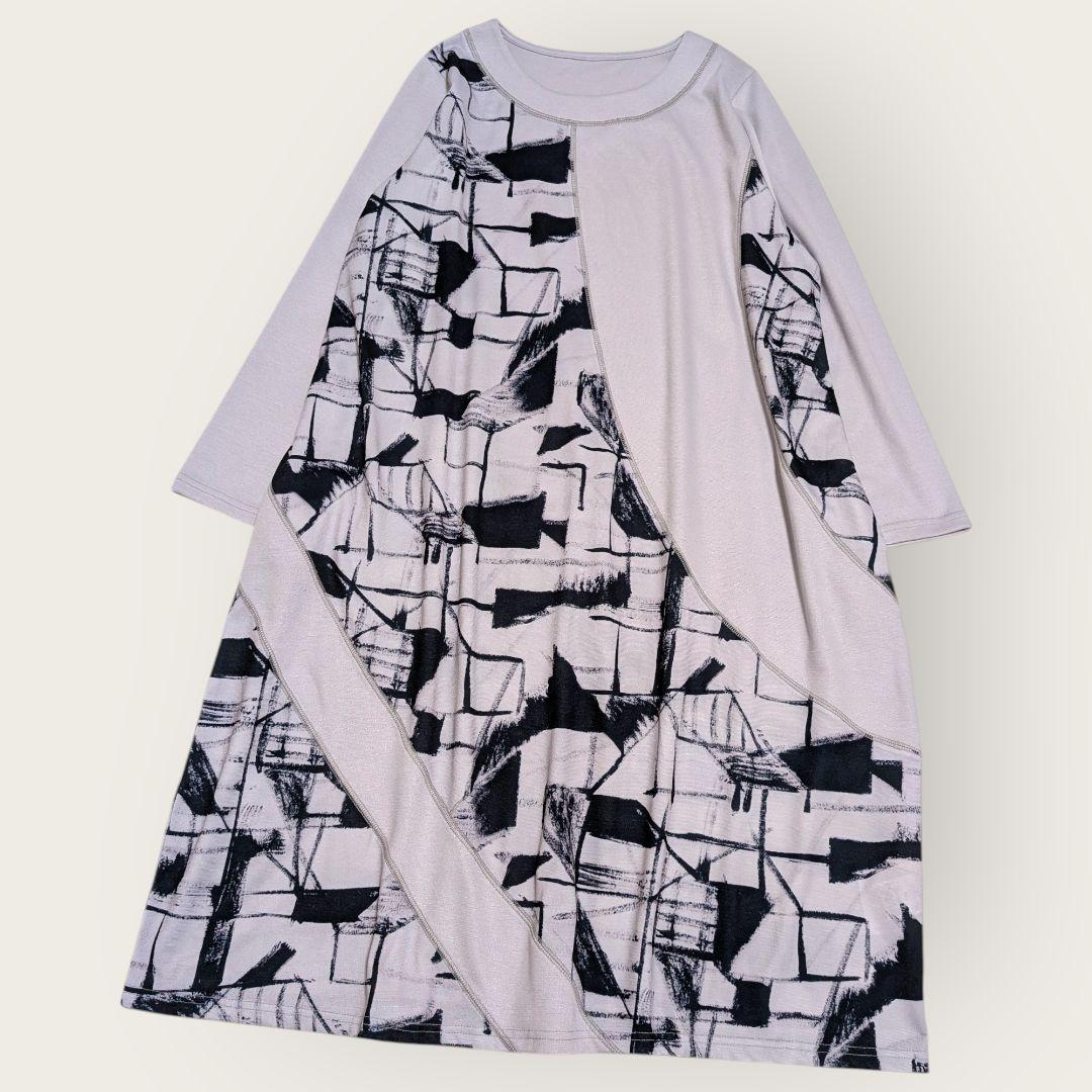 センソユニコ　UNICO　幾何学柄　アシンメトリー　ワンピース　グレー　38