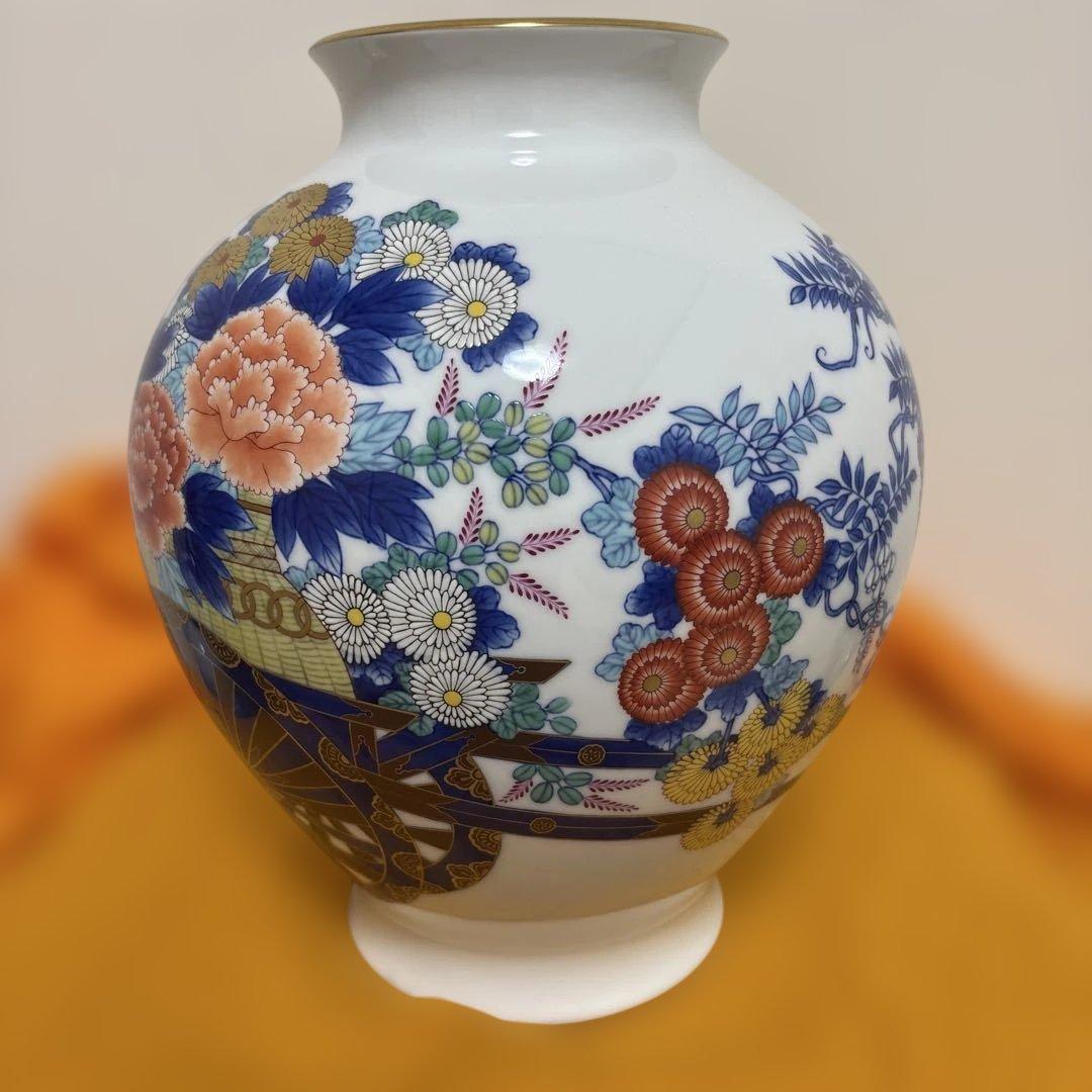 香蘭社 染錦花車 花瓶 磁芸工房謹製 金彩 花器 有田焼 壺 花入箱付き