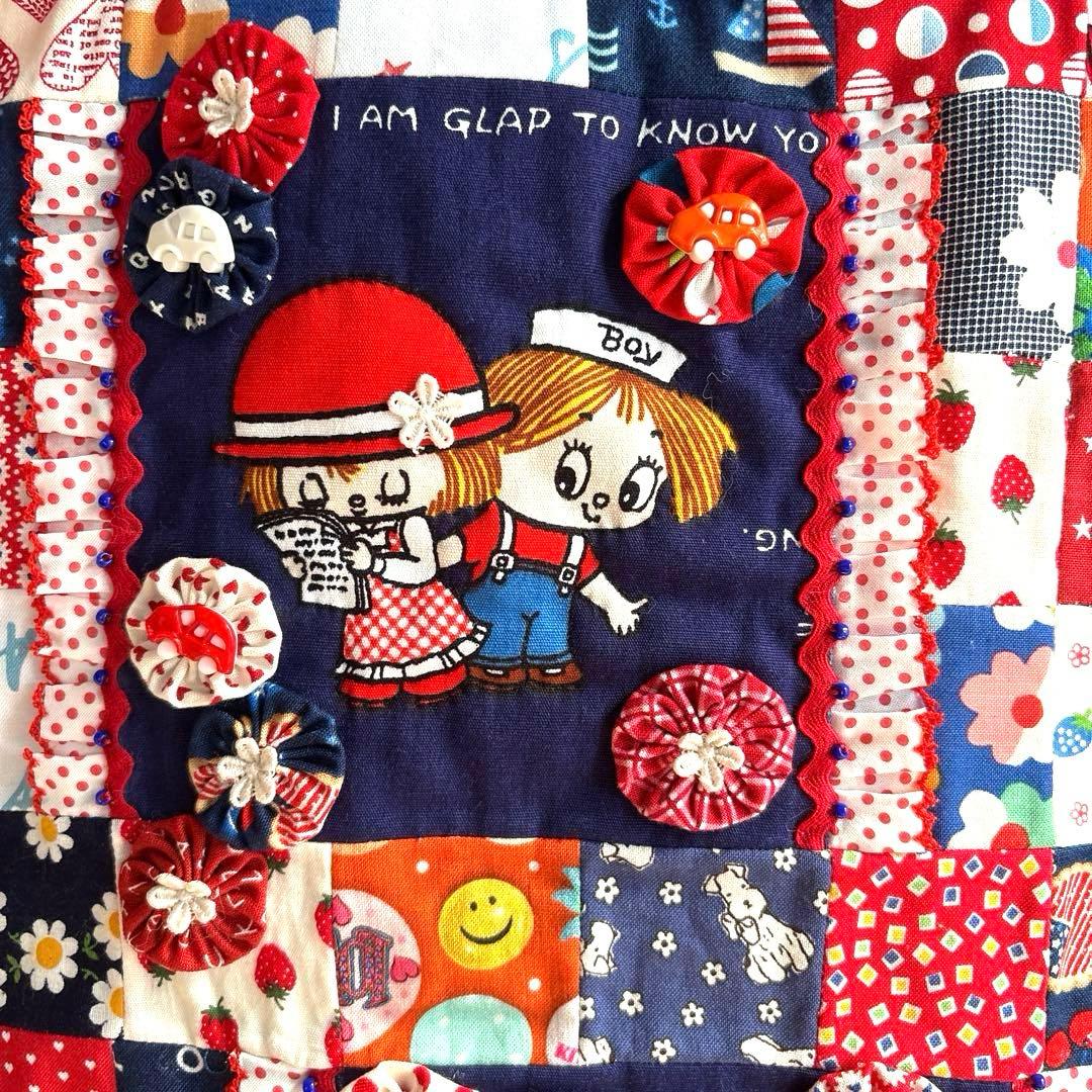 レトロパッチワークトートバッグ4点 ショルダー紐、ポーチ、ペットボトルカバー付き