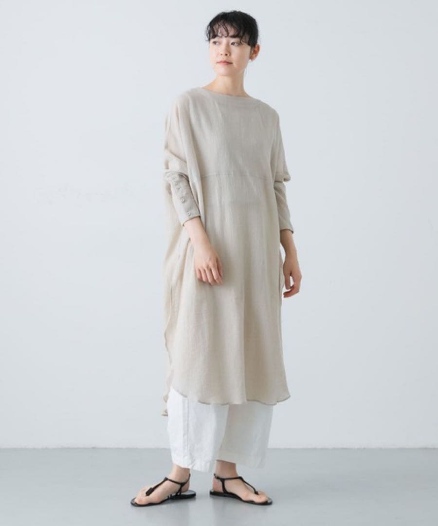 【美品】かぐれ　ガーゼロングチュニック　ベージュ　グレージュ