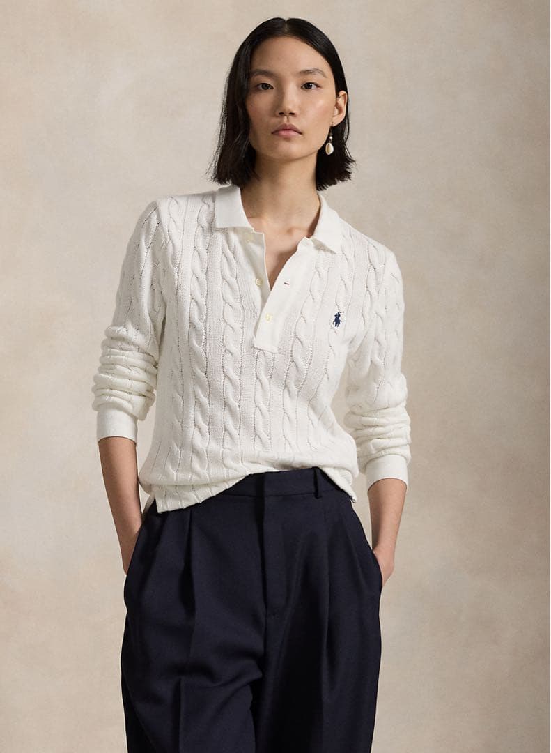 美品 ラルフローレン ケーブルニット コットン ロングスリーブ ポロシャツ