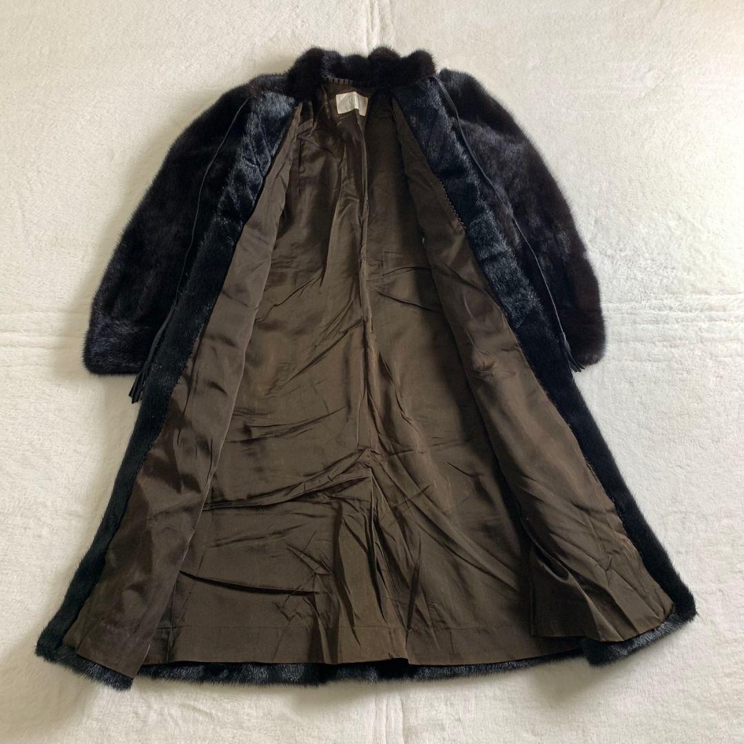 【ファーコート　ダークミンク　ブラック　リボン　柄　ロングコート　古着】