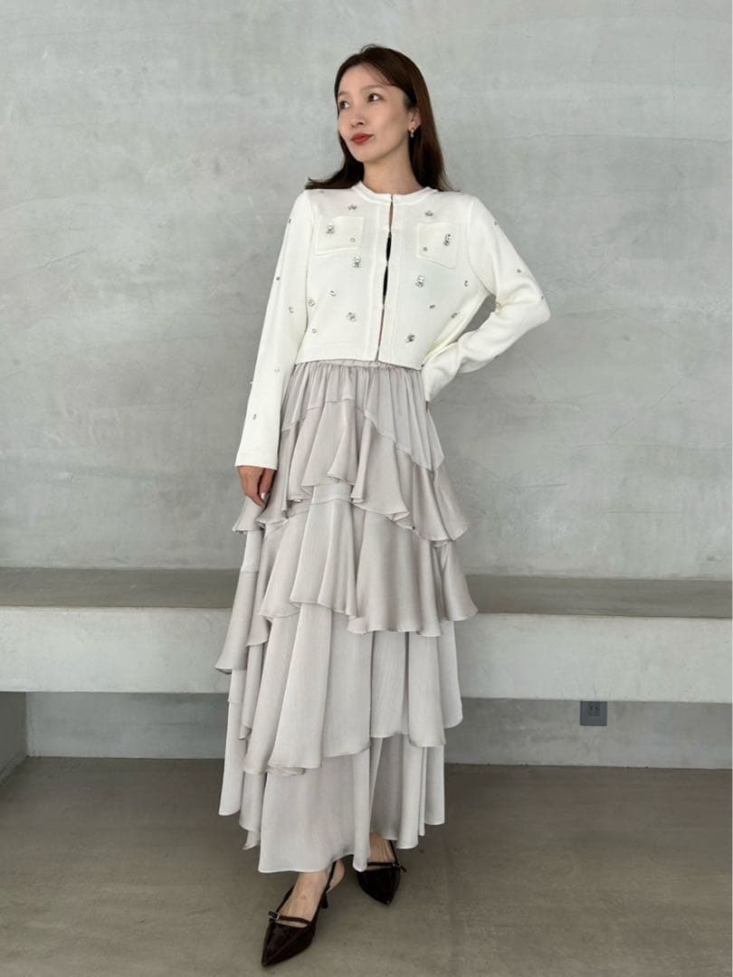 美品LILY BROWN マルチビジューノーカラーニットジャケット