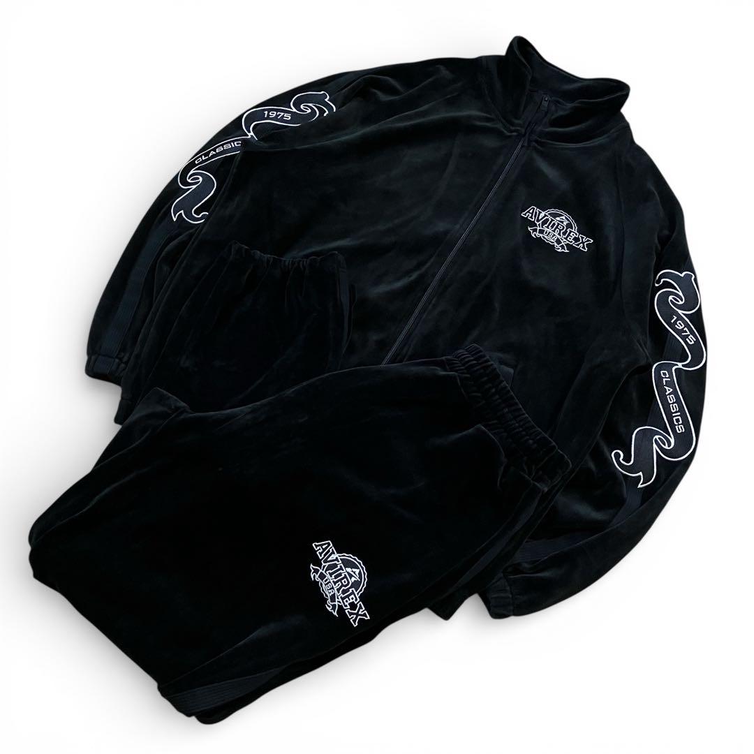 AVIREX ベロア トラックジャケット 黒 セットアップ 上下 ロゴ 刺繍 L