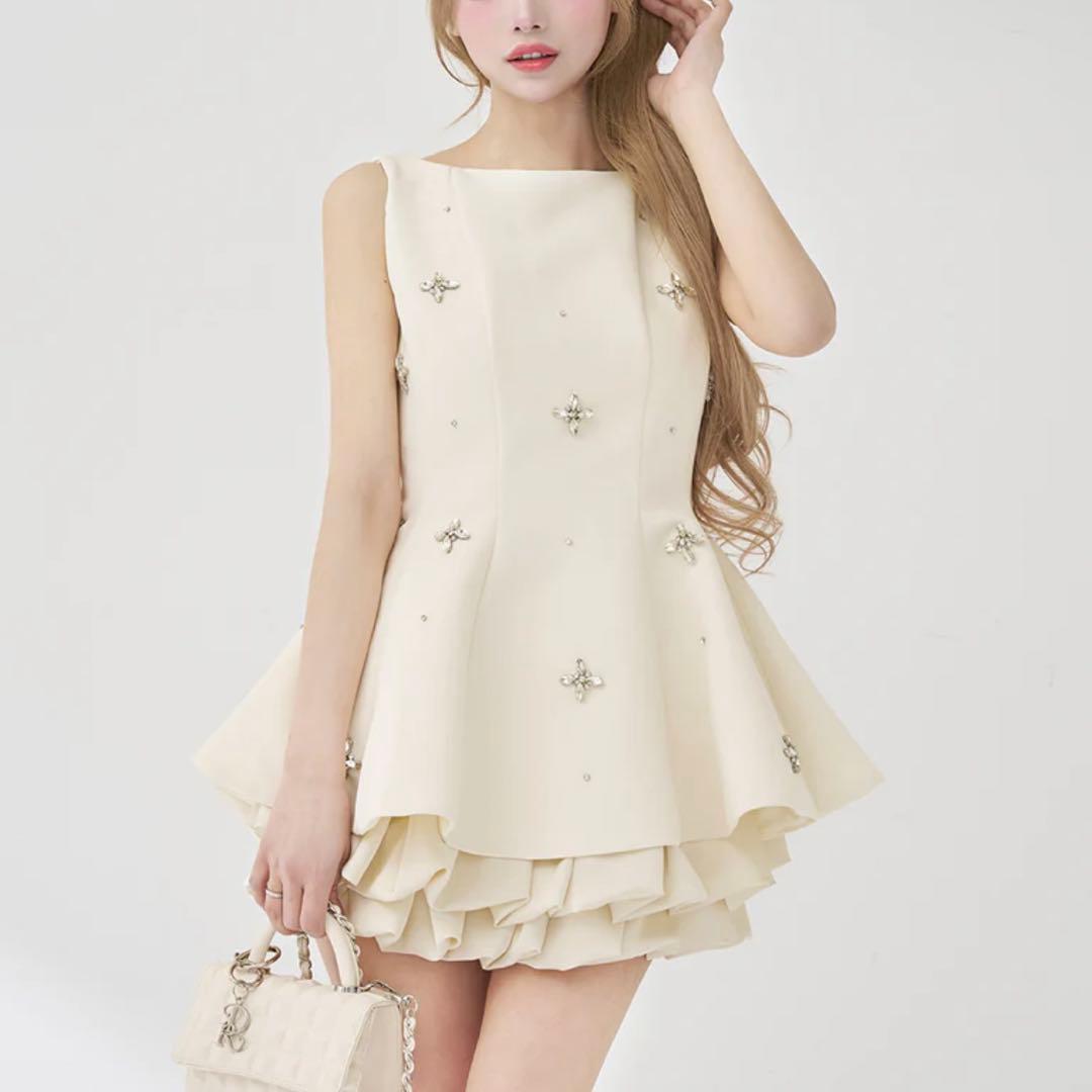 darich ビジューフレアバルーンミニドレス WHT FREE