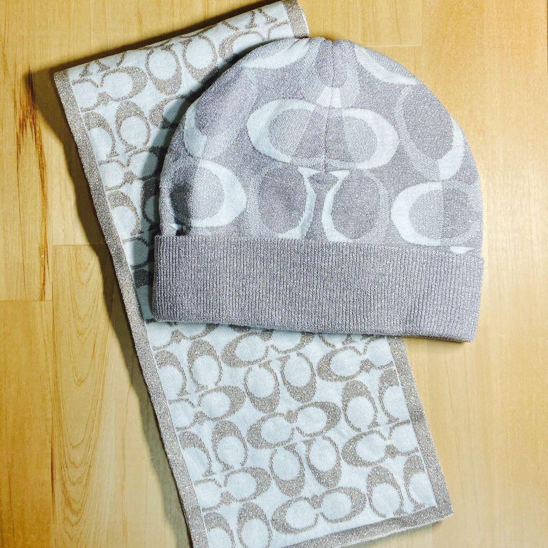 新品未使用★COACH 帽子＆マフラーセット リバーシブル シャンパンゴールド