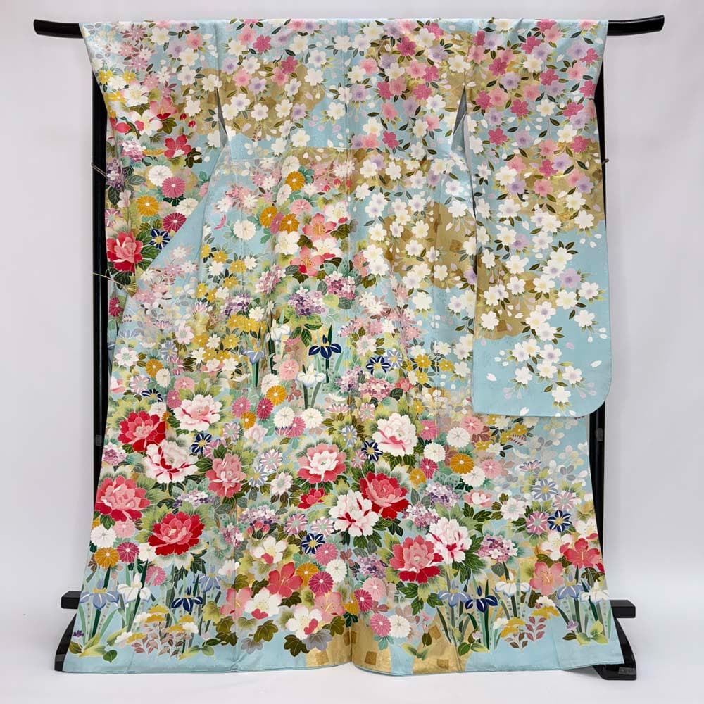 振袖 正絹 水色 古典花柄　裄69.5㎝ 　成人式 中古 D-107