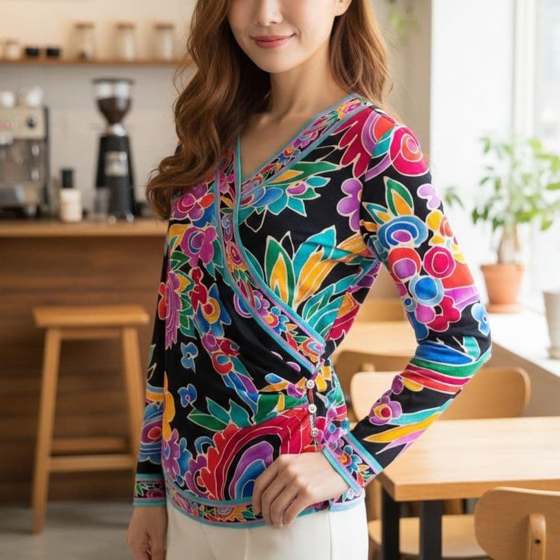 【美品】レオナール カシュクール金ボタン長袖カットソートリム シルク混 Lサイズ