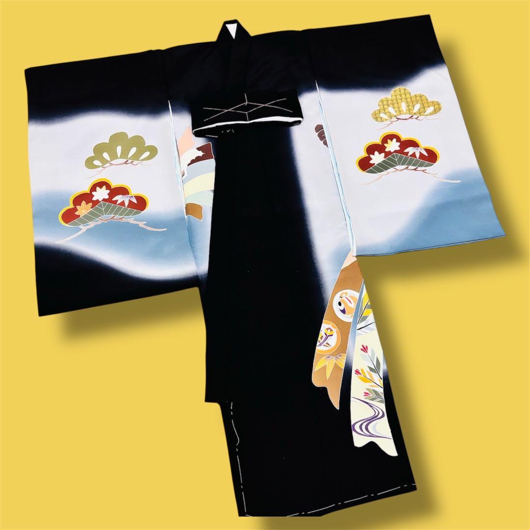 【新品】日本製 手書き 金駒刺繍 ぼかし染め 正絹 襦袢付 新品たとう紙付 黒