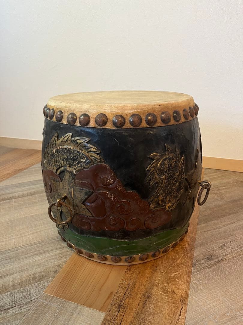 1尺3寸　太鼓　和太鼓　アンティーク　木彫り　龍彫り　オブジェ　古道具　民藝
