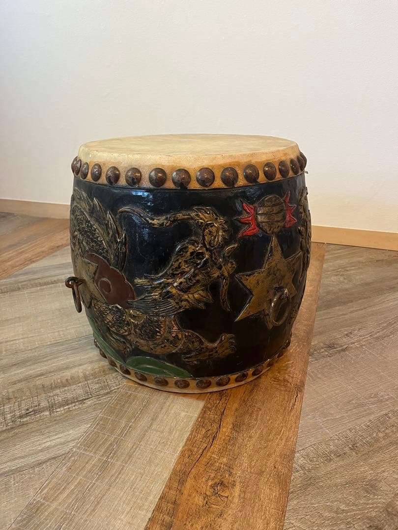 1尺3寸　太鼓　和太鼓　アンティーク　木彫り　龍彫り　オブジェ　古道具　民藝