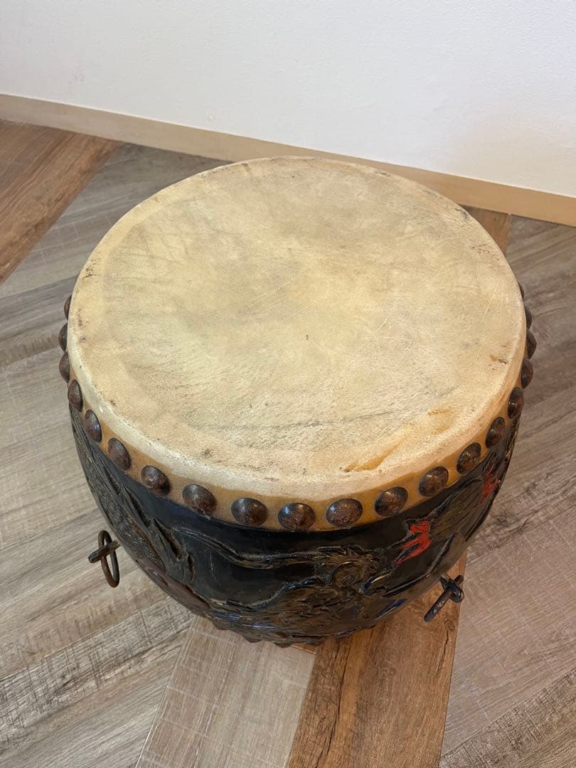 1尺3寸　太鼓　和太鼓　アンティーク　木彫り　龍彫り　オブジェ　古道具　民藝