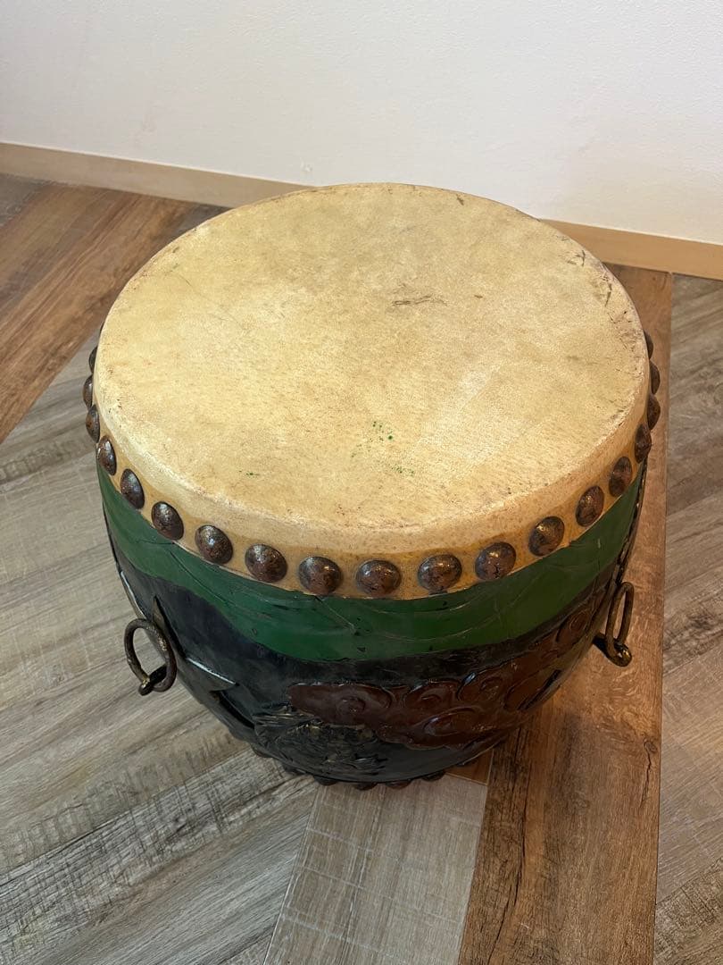 1尺3寸　太鼓　和太鼓　アンティーク　木彫り　龍彫り　オブジェ　古道具　民藝