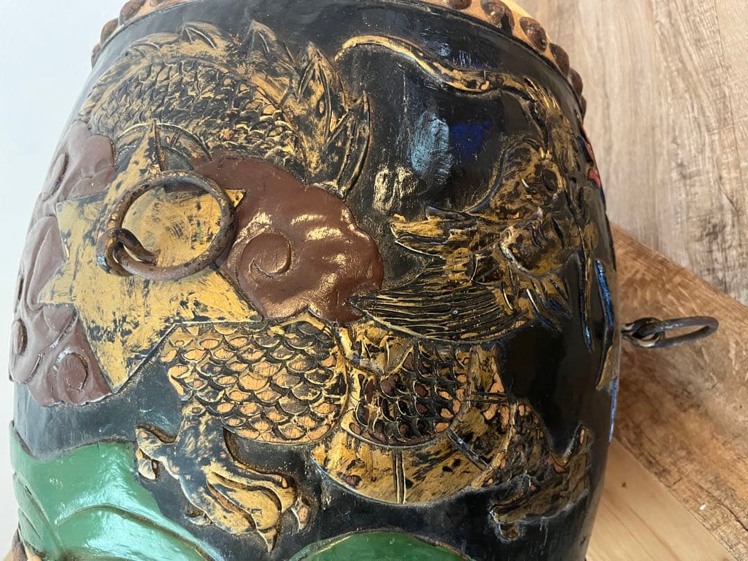 1尺3寸　太鼓　和太鼓　アンティーク　木彫り　龍彫り　オブジェ　古道具　民藝