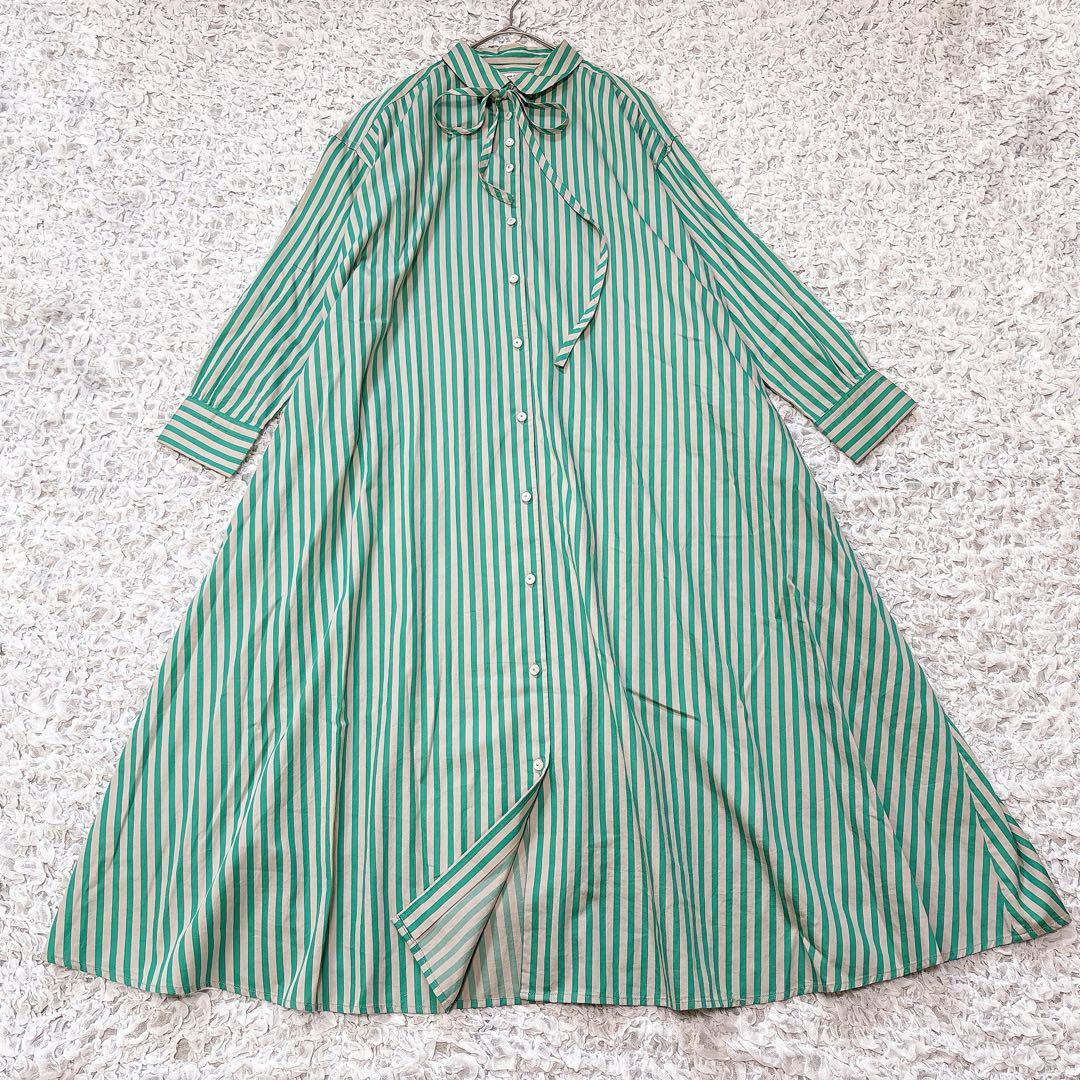 nop de nod リボン付き ストライプ シャツワンピース ロング 長袖 綿