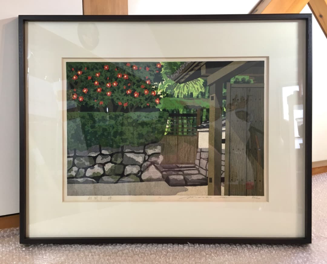 ○井堂雅夫 「銀閣寺 椿」木版画 1993年制作 54/200 直筆サイン 真作