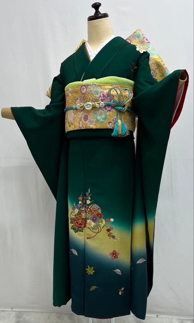 振り袖　フルセット　長襦袢付　緑　成人式　パーティー　刺繍入り　長尺袋帯　730