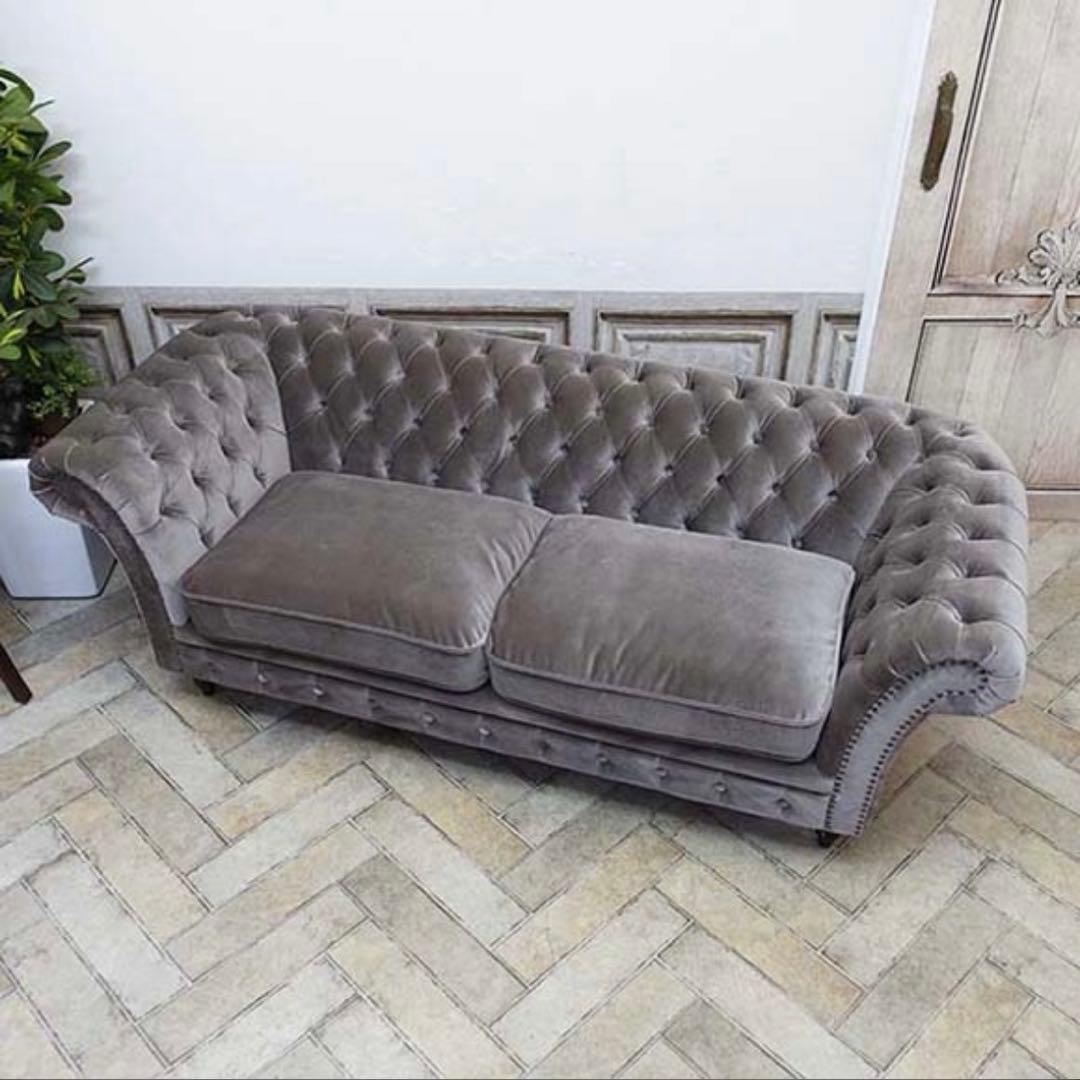Vincent グレー アンティーク風ソファ 2人掛け ベロア