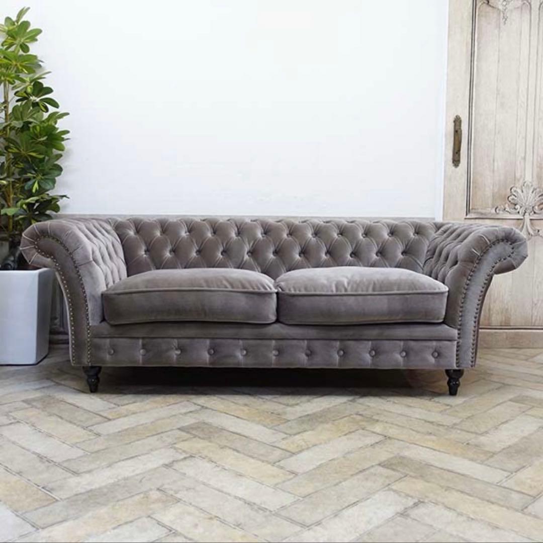 Vincent グレー アンティーク風ソファ 2人掛け ベロア