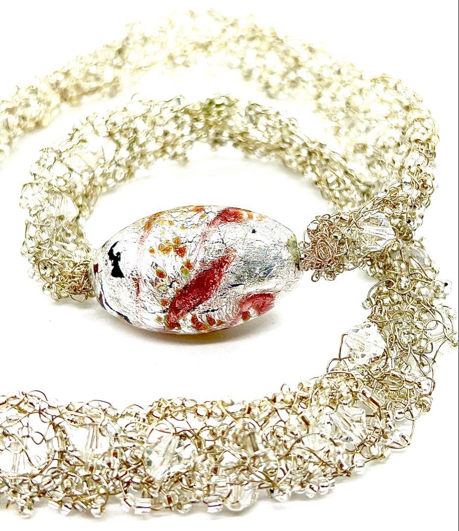 【イタリア製】シルバー925製ベネチアンガラスネックレス証明タグ付シルバーピンク