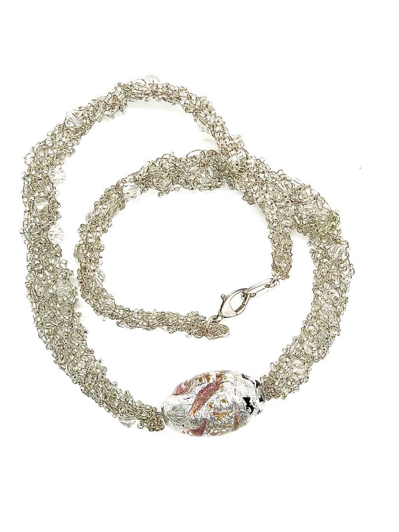 【イタリア製】シルバー925製ベネチアンガラスネックレス証明タグ付シルバーピンク