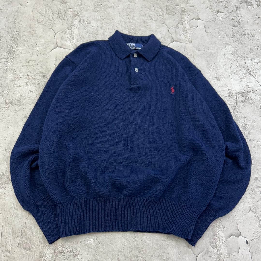 お*ち様 ラルフローレン　刺繍　ワンポイント　ポニー　襟付き　ニット　古着　ネイ