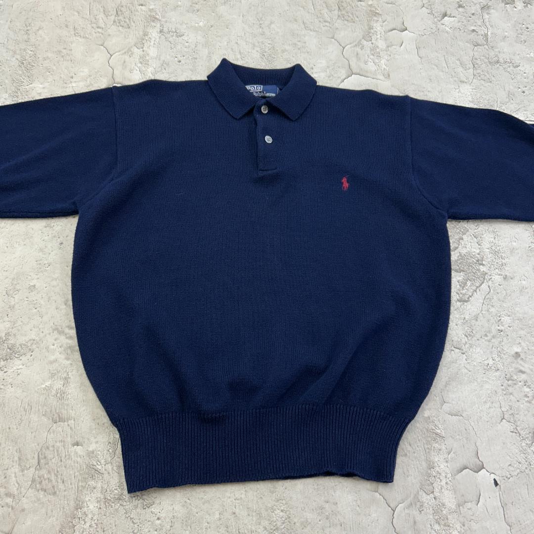 お*ち様 ラルフローレン　刺繍　ワンポイント　ポニー　襟付き　ニット　古着　ネイ