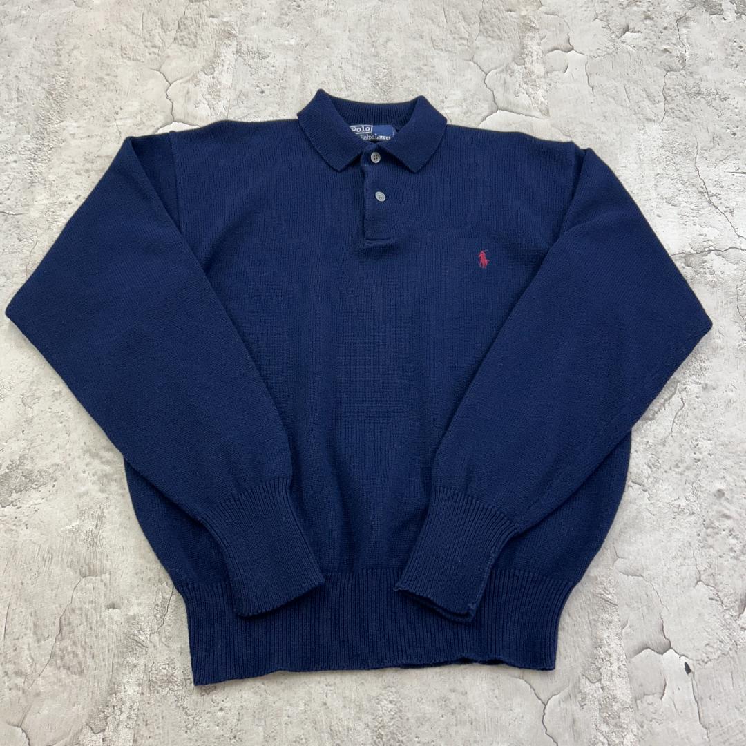 お*ち様 ラルフローレン　刺繍　ワンポイント　ポニー　襟付き　ニット　古着　ネイ