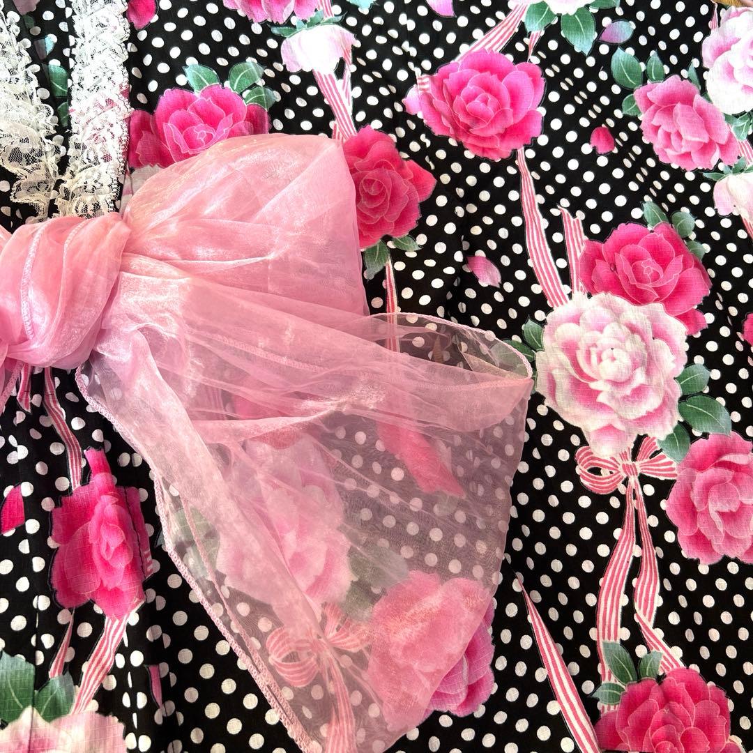 浴衣ドレス♡黒ピンク♡バラ柄リボン♡リメイク150160MLドットスカート