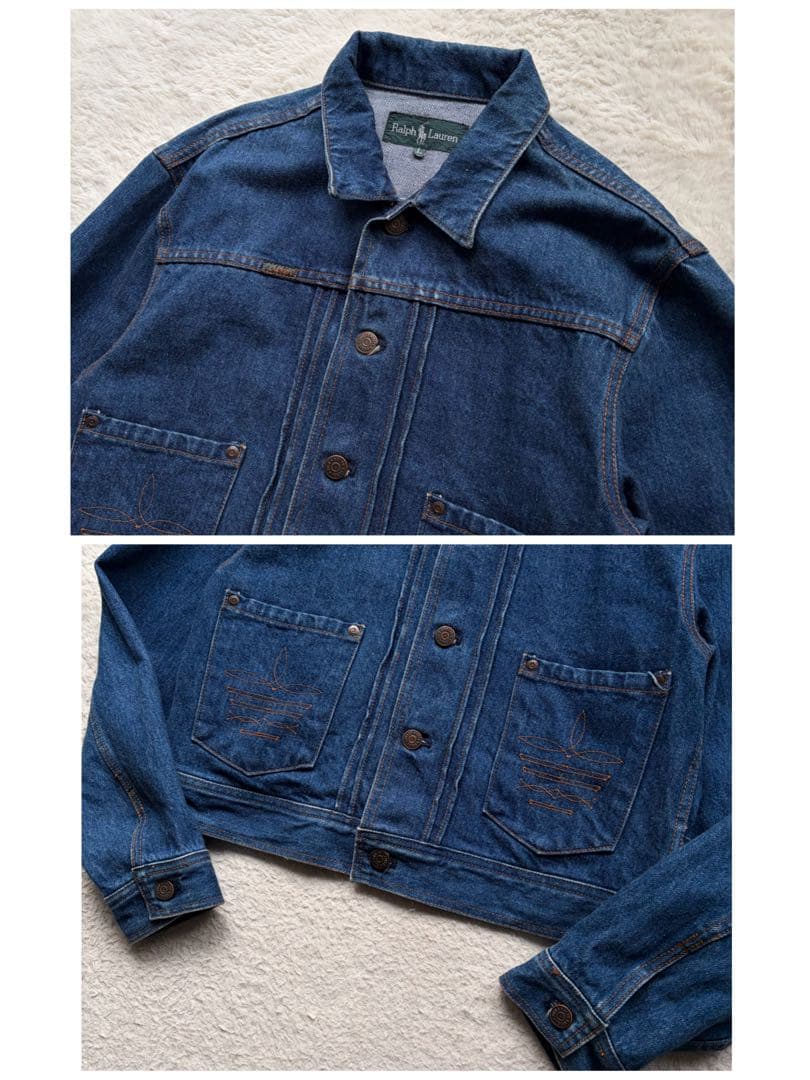 【70s】ラルフローレンウエスタン デニムジャケット ロゴ革パッチ ステッチ L