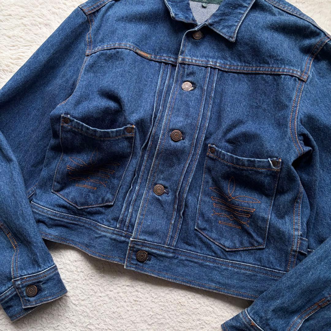 【70s】ラルフローレンウエスタン デニムジャケット ロゴ革パッチ ステッチ L
