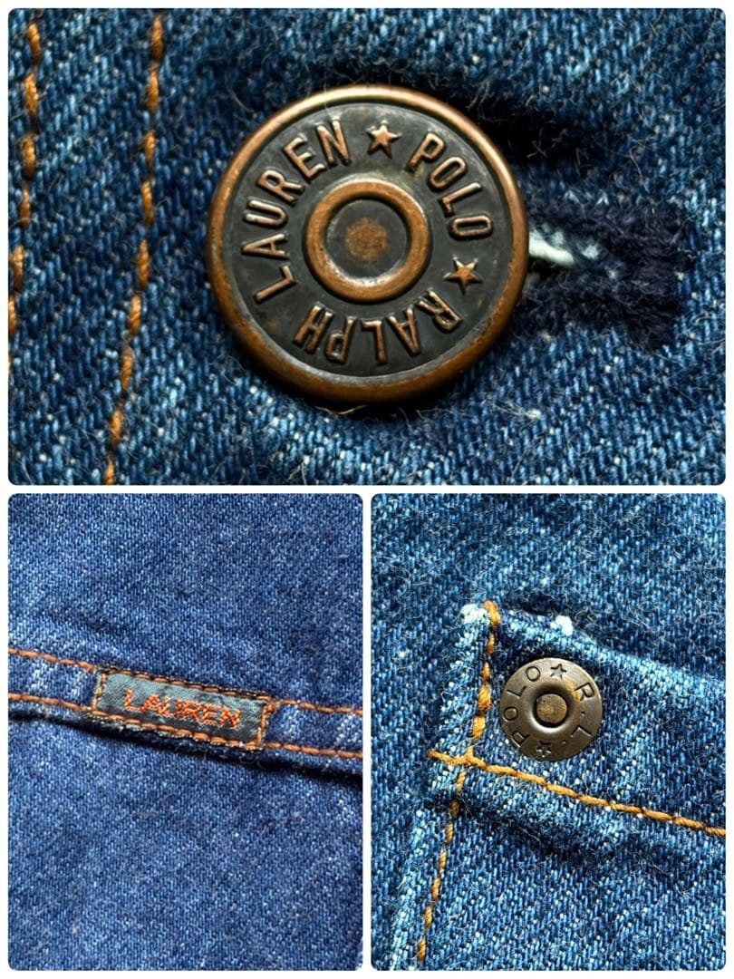 【70s】ラルフローレンウエスタン デニムジャケット ロゴ革パッチ ステッチ L