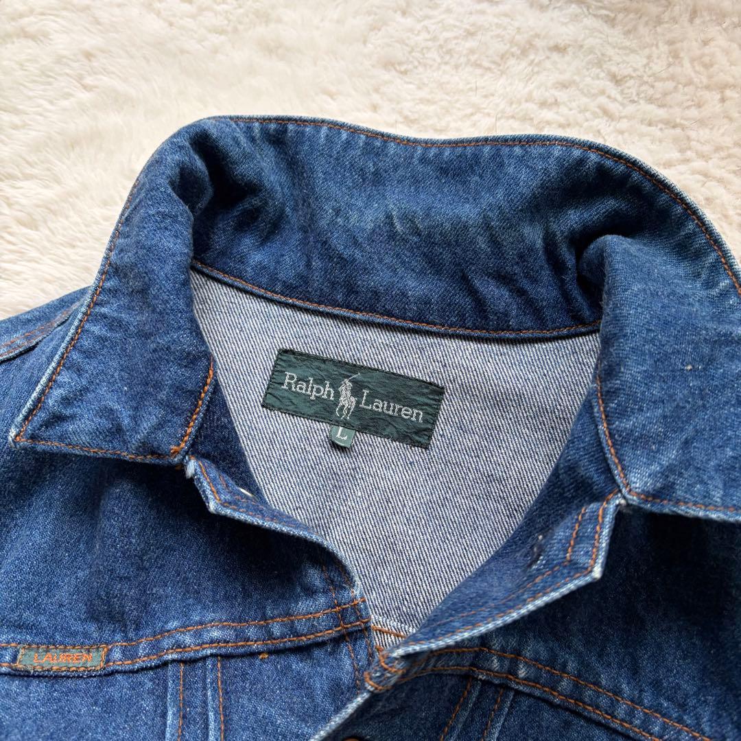 【70s】ラルフローレンウエスタン デニムジャケット ロゴ革パッチ ステッチ L