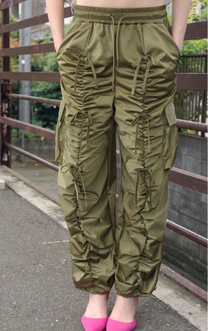 パンツ poppy gather ribbon cargo pants (khaki)
